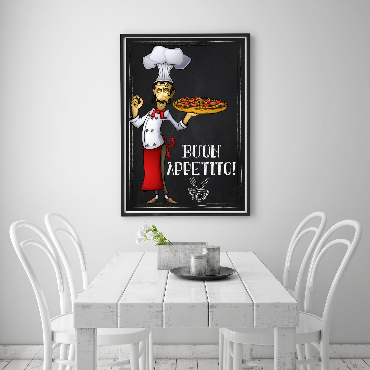 D#422 Wall art prints, Chalkboard art, Kitchen, Plate, Dinner, Breakfast, Cook, Chef, Italy, Pizza, Buon Appetito