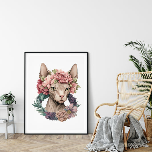 D#116 Wall art print, Poster, Pets, Fauna, Nature, Funny Animals, Kittens, Funny Cat, Sphynx Cat with Flowers