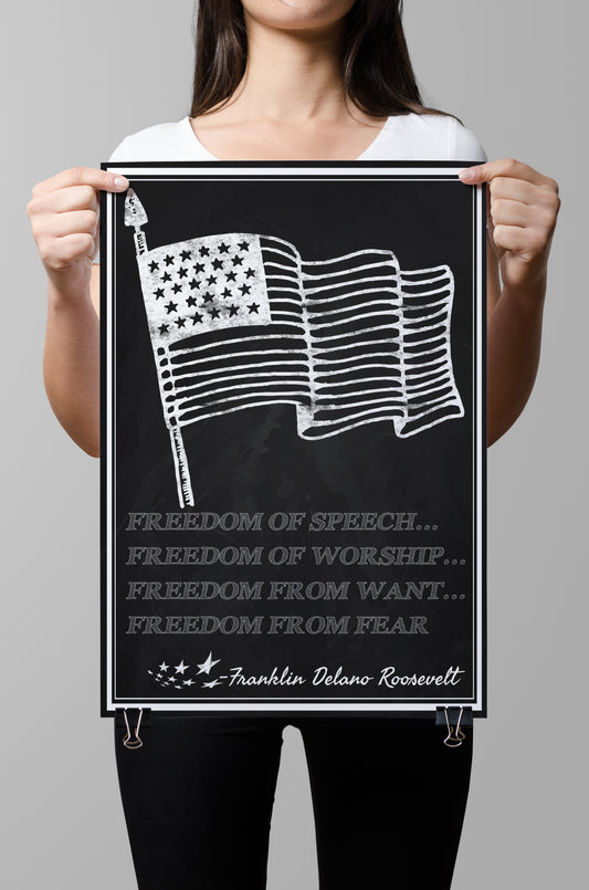 D#315 Wall art prints, Chalkboard art, USA, "Four Freedoms" Speech, Fireworks, Constitution, July 4, Franklin Roosevelt Quotes