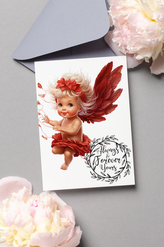Design#134 Greeting Card, Love, Valentines, Hearts, Gifts, I love you, Romance,  Cutie Baby Angel with Red Wings