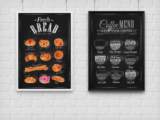 D#264, Wall art print,  Chalkboard poster, Desserts, Kitchen, Restaraunt, Pastry, Bakery, Bread and Coffee Collection, Set of 2 prints