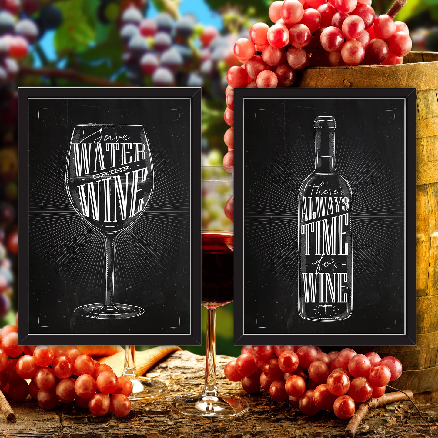 D#42 Wall art design, poster, charcoal kitchen art, alcoholic beverages types, WINE,  Set of 2