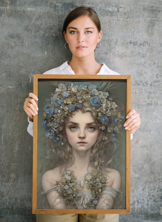 D#204 Wall art print, Poster, Nature, Aesthetic, Feminine, Woman portraits, Farmhouse, Shabby Chic Lady with Flowers