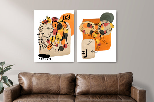 D#205 Wall art print, Poster, Savanna, Africa, Wild Animals, Wildlife, Safari, Nursery Room, Abstracted Elephant and Lion, Set of 2 prints