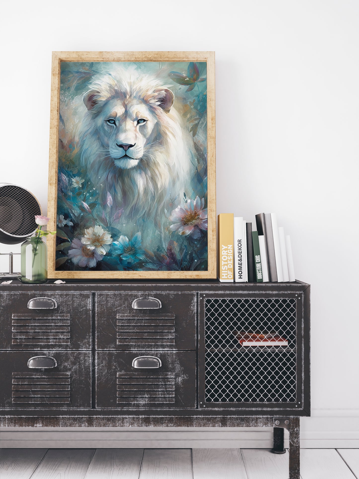 D#238_1 Wall art print, Poster, Savanna, Africa, Aesthetic, Albino, Pride, Nursery Room, Art, White Lion with Flowers