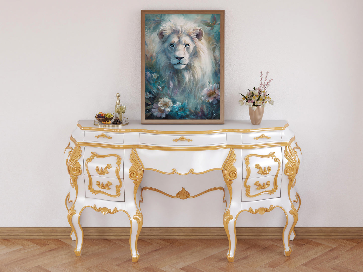 D#238_1 Wall art print, Poster, Savanna, Africa, Aesthetic, Albino, Pride, Nursery Room, Art, White Lion with Flowers