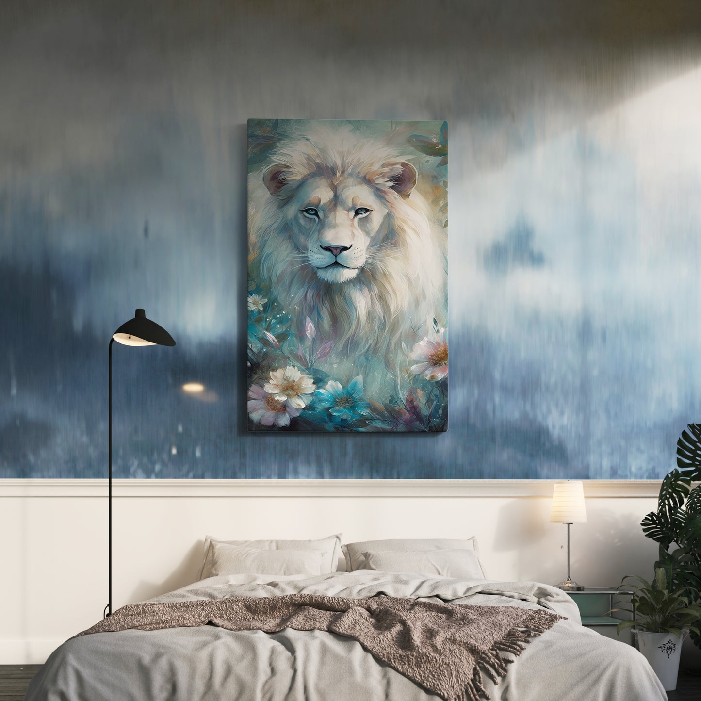 D#238_1 Wall art print, Poster, Savanna, Africa, Aesthetic, Albino, Pride, Nursery Room, Art, White Lion with Flowers