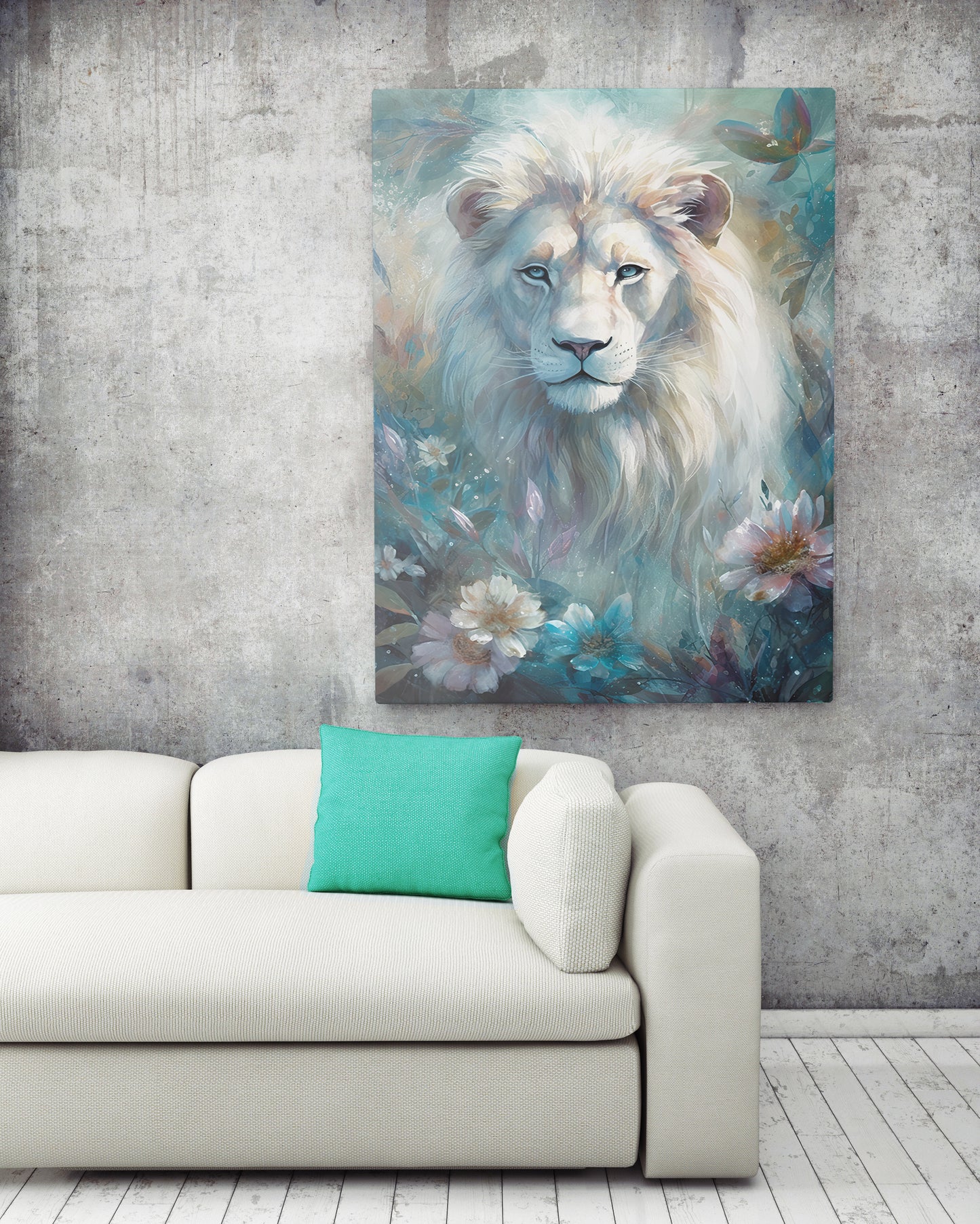 D#238_1 Wall art print, Poster, Savanna, Africa, Aesthetic, Albino, Pride, Nursery Room, Art, White Lion with Flowers