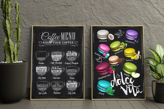 D#263, Wall art print, Chalkboard poster, Desserts, Kitchen, Dolce Vita, Pastry, Bakery, French Macaroons and Coffee Collection, Set of 2 prints