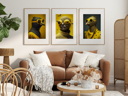 D#271 Wall art print, poster, Yellow, Fashion, Birds, Pop Art, Steam punk, Yellow Fantastic Birds and Human, Set of 3 prints