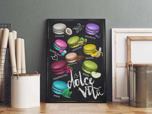 D#284, Wall art print, Chalkboard poster, Desserts, Kitchen, Dolce Vita, Pastry, Bakery, French Macaroons and Coffee Collection, Dolce Vita