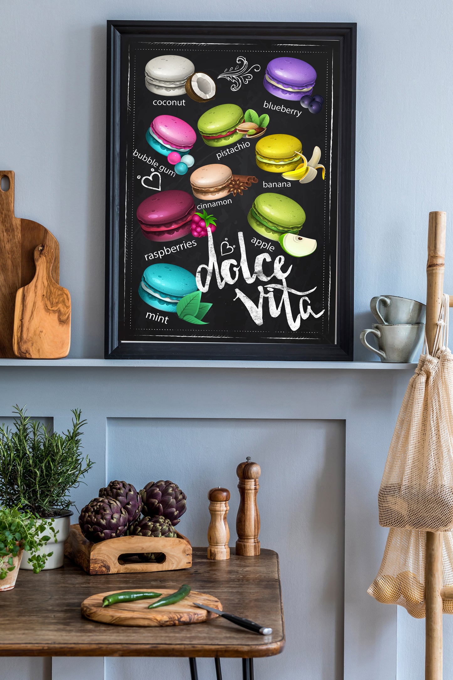 D#284, Wall art print, Chalkboard poster, Desserts, Kitchen, Dolce Vita, Pastry, Bakery, French Macaroons and Coffee Collection, Dolce Vita