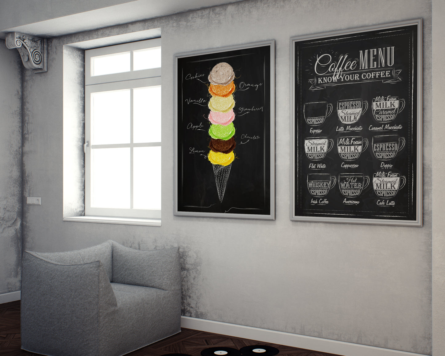 D#286_2, Wall art print, Chalkboard poster, Desserts, Kitchen, Dolce Vita, Pastry, Bakery, Ice Cream and Coffee Collection, Set of 2 prints