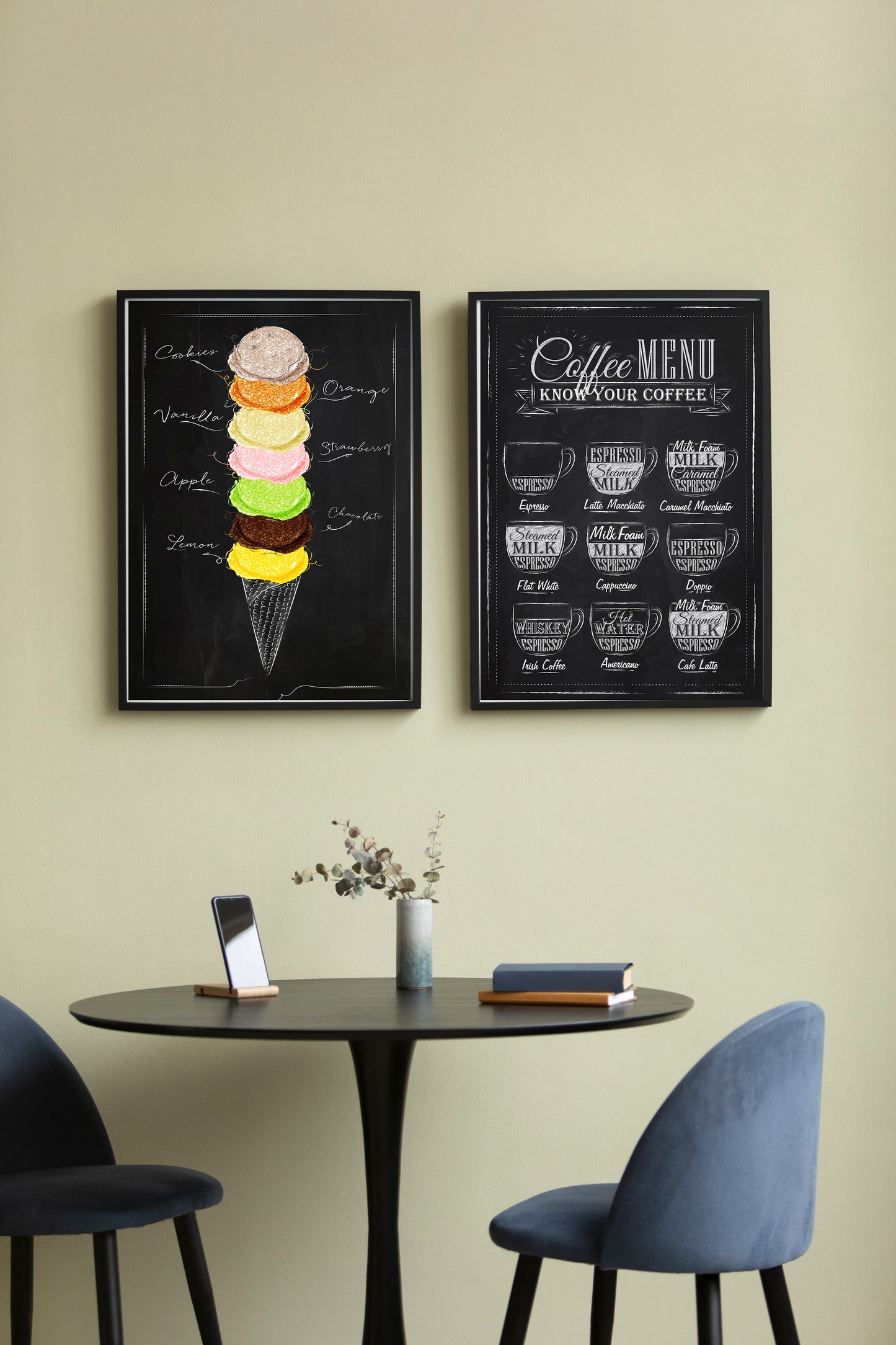 D#286_2, Wall art print, Chalkboard poster, Desserts, Kitchen, Dolce Vita, Pastry, Bakery, Ice Cream and Coffee Collection, Set of 2 prints