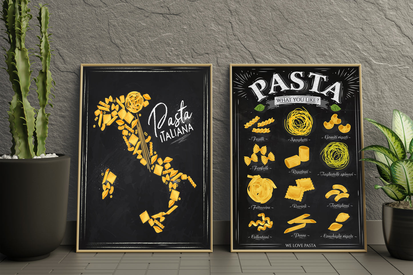 D#290 Wall art design, poster, Chalkboard kitchen art, Italian Pasta, Types of Pastas, Map of Italy, Set of 2 prints