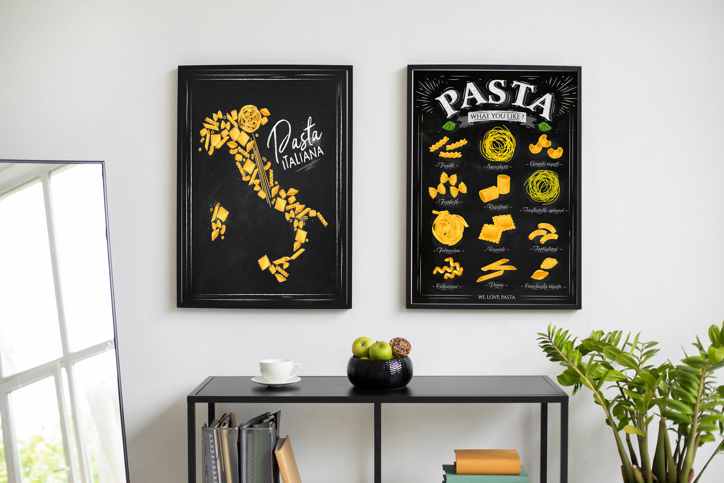 D#290 Wall art design, poster, Chalkboard kitchen art, Italian Pasta, Types of Pastas, Map of Italy, Set of 2 prints