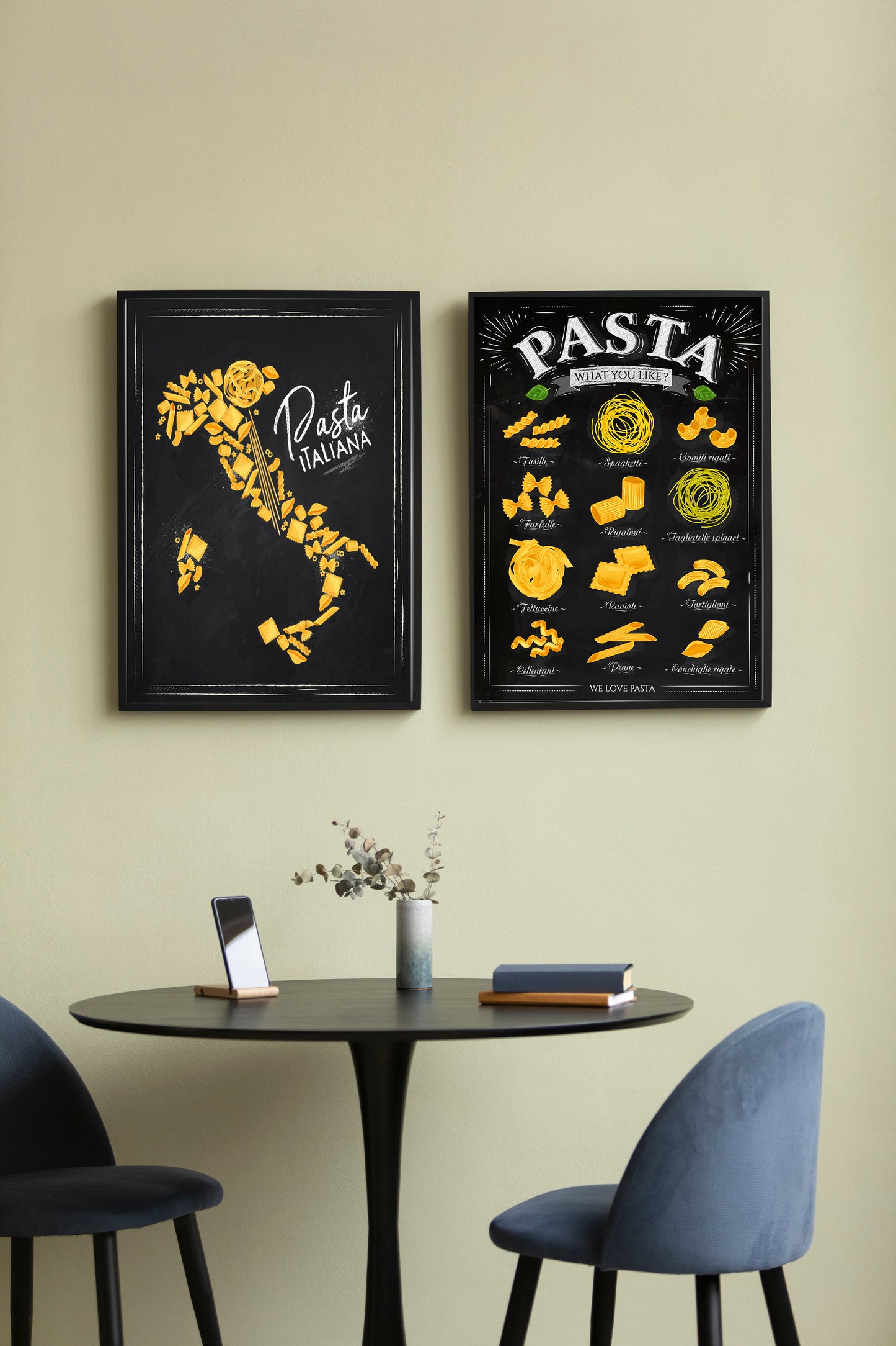 D#290 Wall art design, poster, Chalkboard kitchen art, Italian Pasta, Types of Pastas, Map of Italy, Set of 2 prints