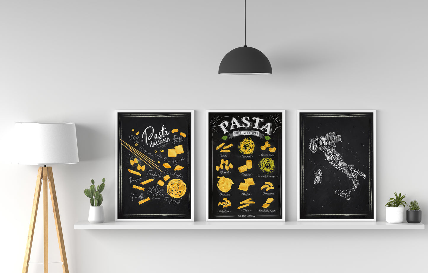 D#290 Wall art design, poster, Chalkboard kitchen art, Italian Pasta, Types of Pastas, Map of Italy, Set of 3 prints