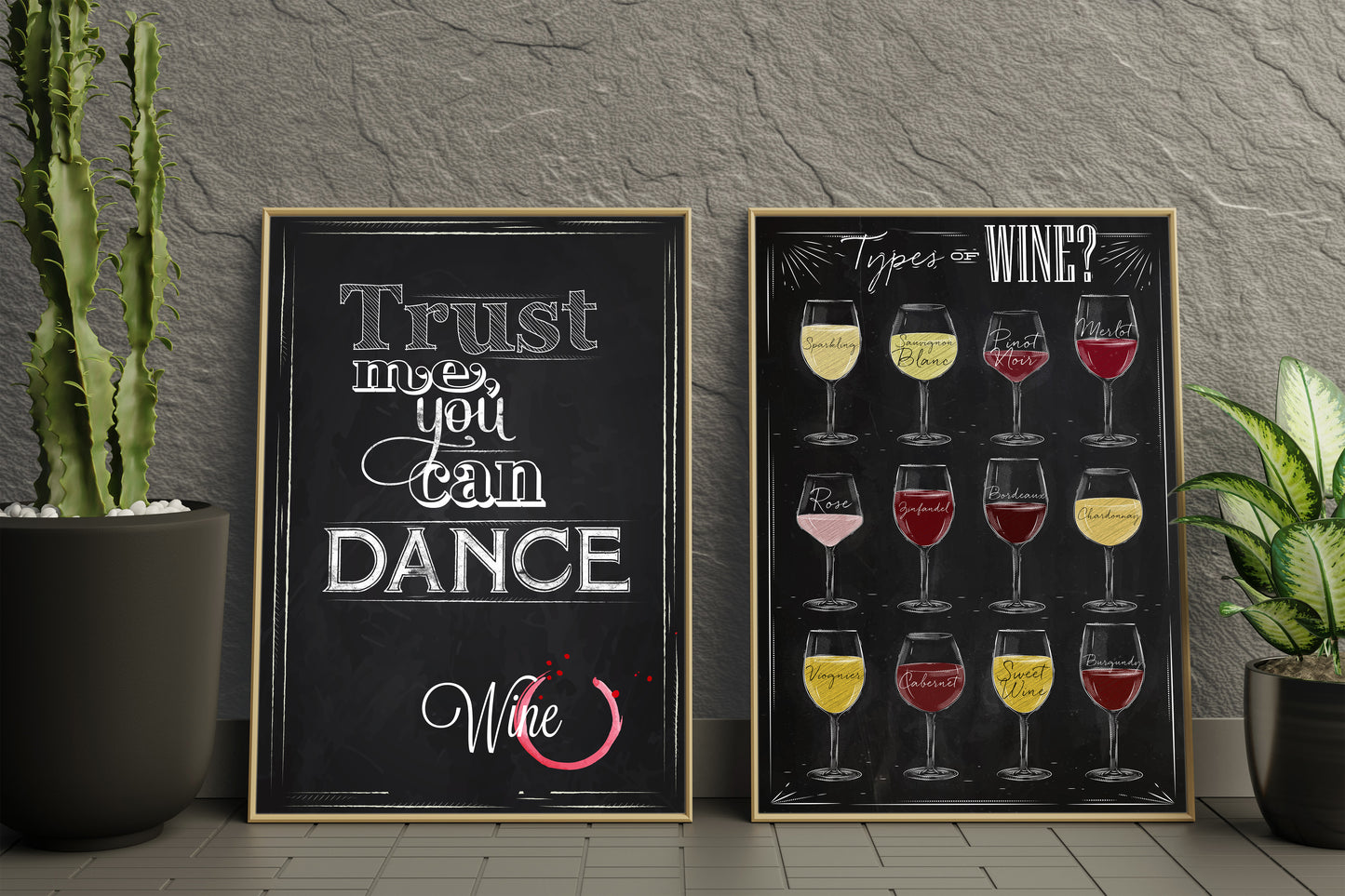 D#294 Wall art design, poster, charcoal kitchen art, alcoholic beverages types, WINE,  Set of 2