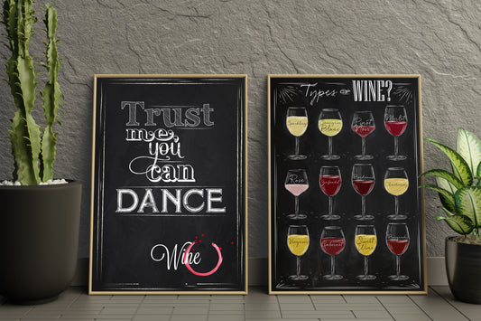 D#294 Wall art design, poster, charcoal kitchen art, alcoholic beverages types, WINE,  Set of 2