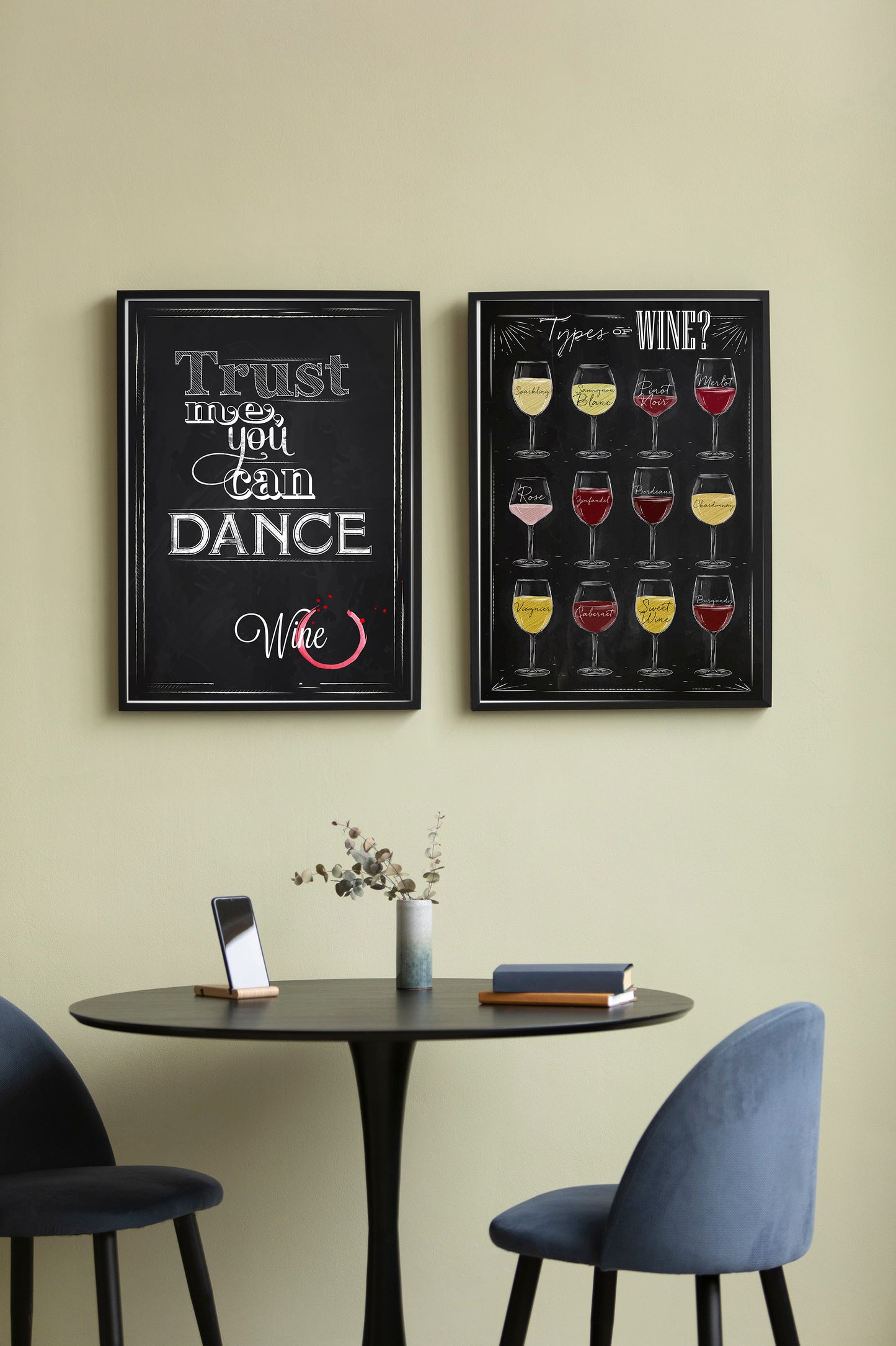 D#294 Wall art design, poster, charcoal kitchen art, alcoholic beverages types, WINE,  Set of 2