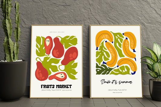 D#385 Wall art print, poster, Summer, Fruits, Garden, Banana, Orchad, Smootie, Fruit Tree, Tropical, Farmers Market, Matisse style, Set of 2 prints