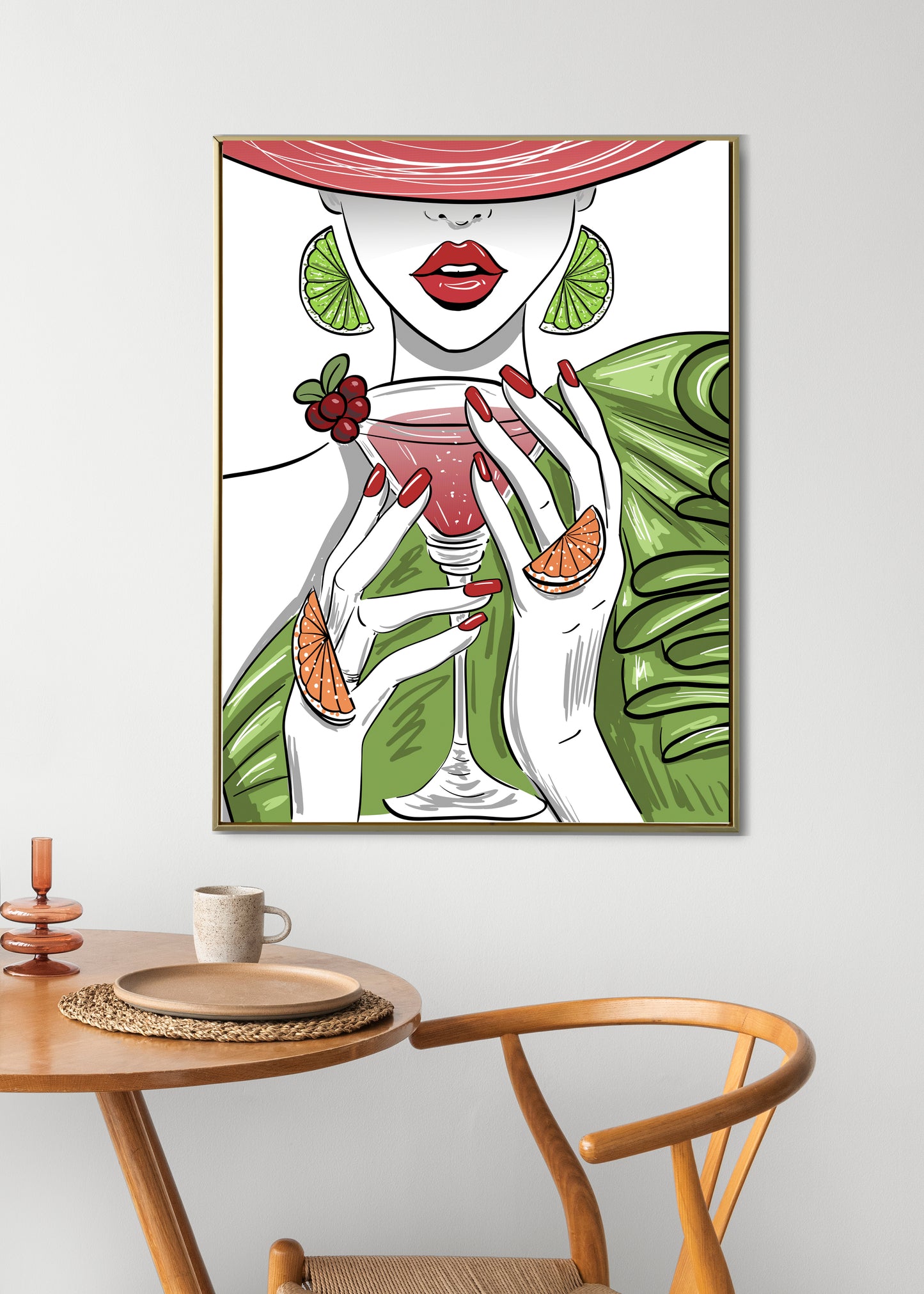 D#390 Wall art print, Poster, Summer, Fruits, Garden, Sun-kissed, Flip flops, Spirit of Summer, Freshness, Smootie, Beach, Tropical, Lady with Cocktail