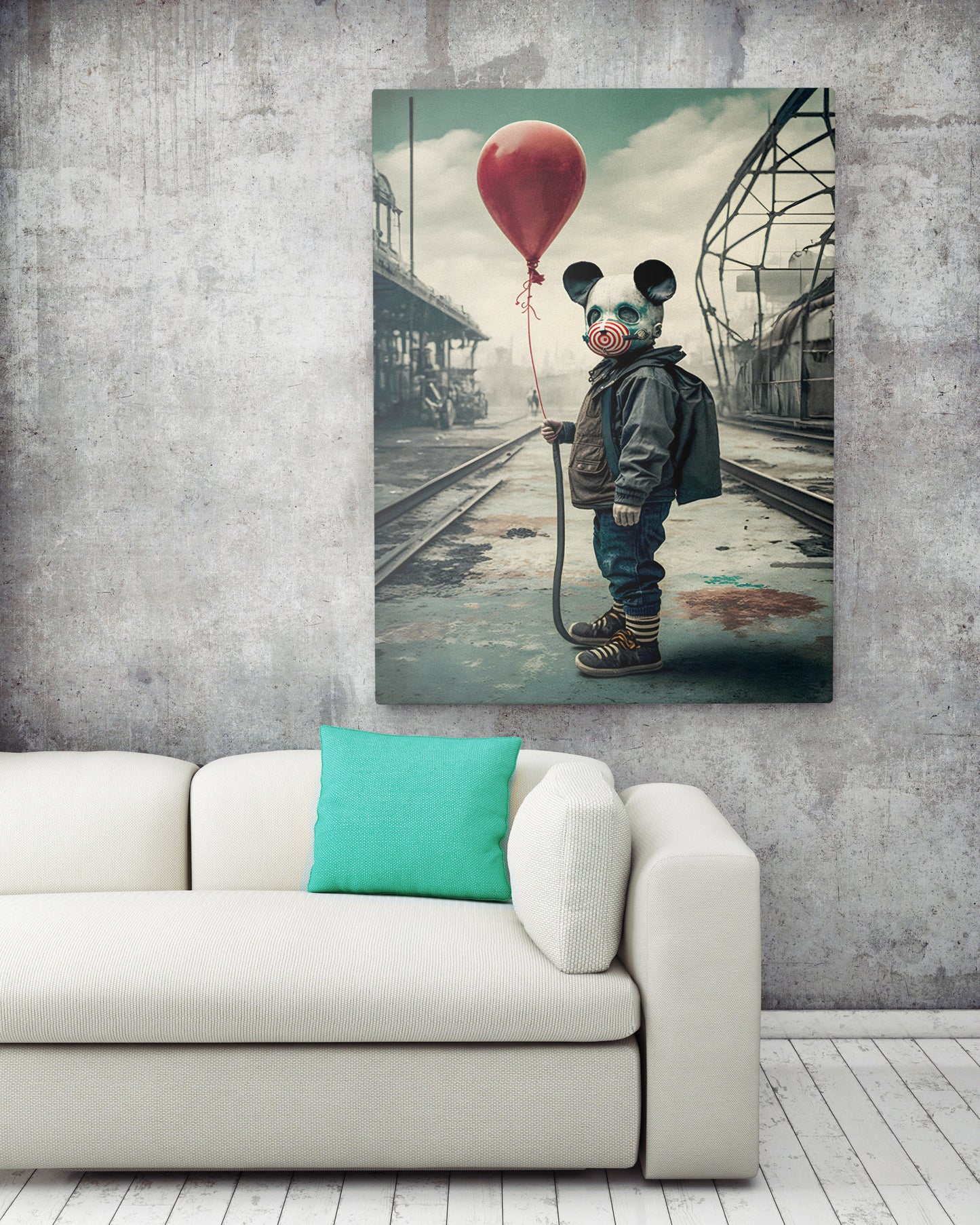 D#413, Wal art prints, Art, Apocalyptic, Anti-War Peace, Hippie, Pacifist, Aftermath of Nuclear War, Kid with Red Balloon