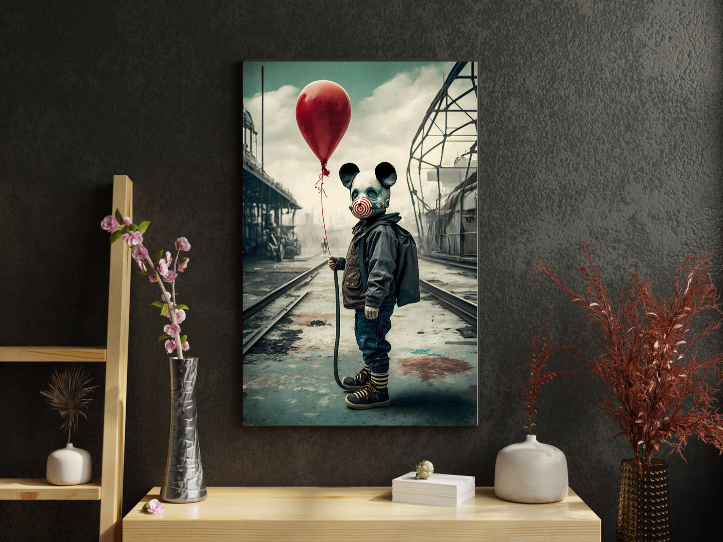 D#413, Wal art prints, Art, Apocalyptic, Anti-War Peace, Hippie, Pacifist, Aftermath of Nuclear War, Kid with Red Balloon