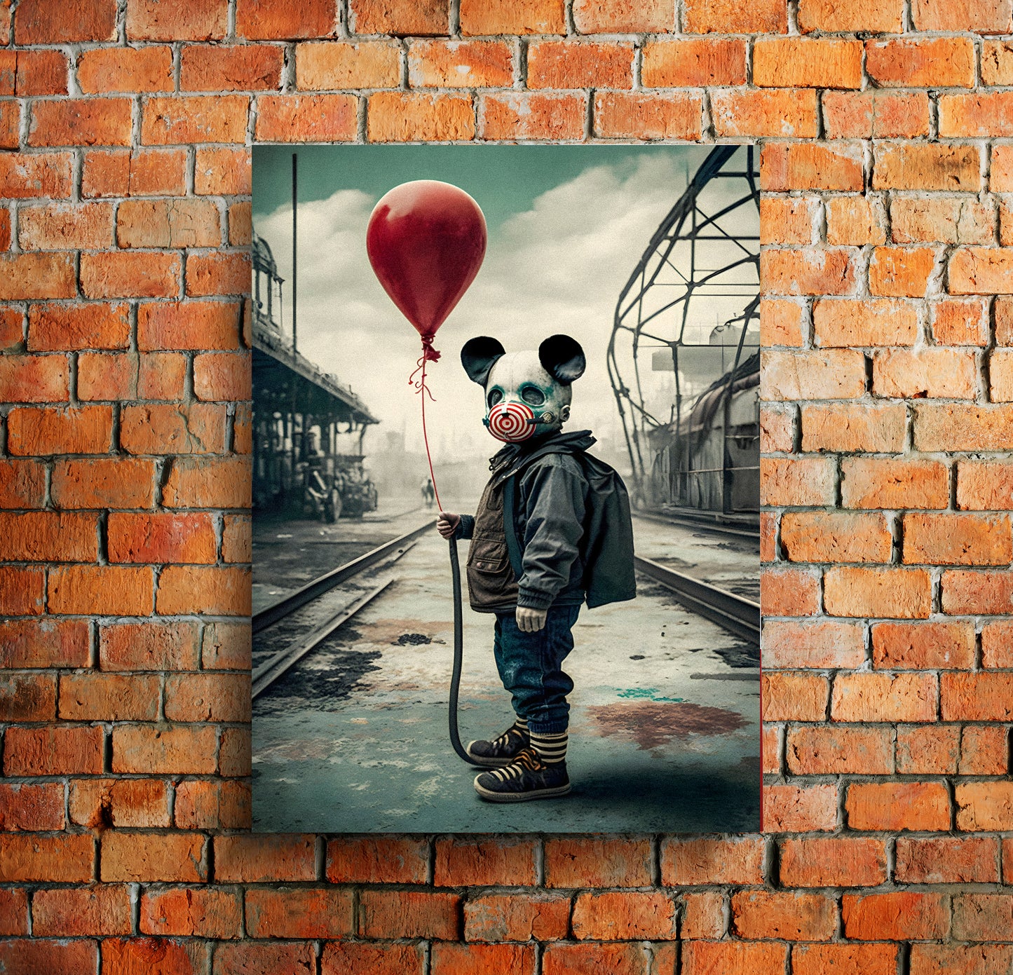 D#413, Wal art prints, Art, Apocalyptic, Anti-War Peace, Hippie, Pacifist, Aftermath of Nuclear War, Kid with Red Balloon