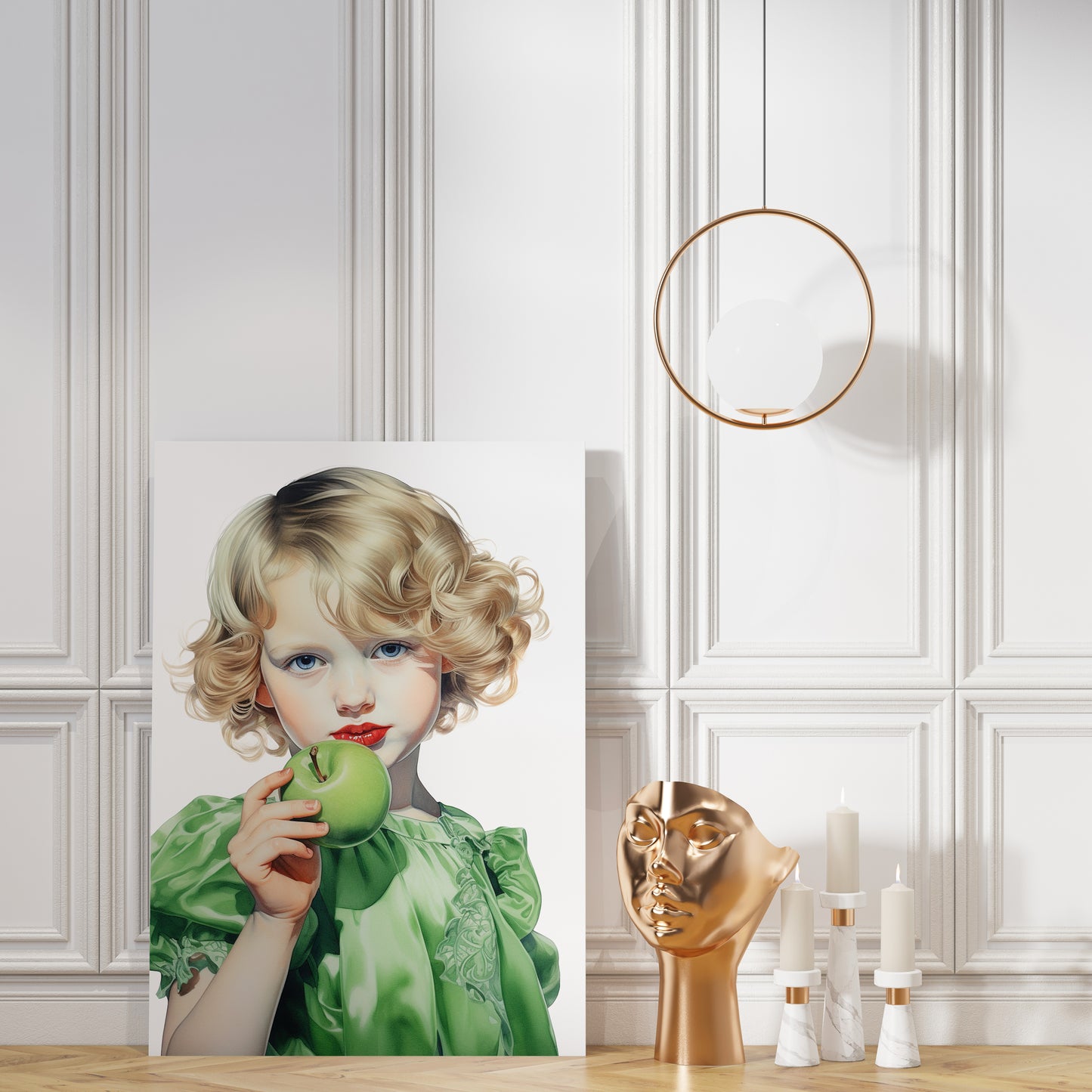 D#478 Wall art print, Poster, Retro, Vintage, Nostalgia, Kids, Innocence, Green Hues, Cute Blondie Girl with Green Apple