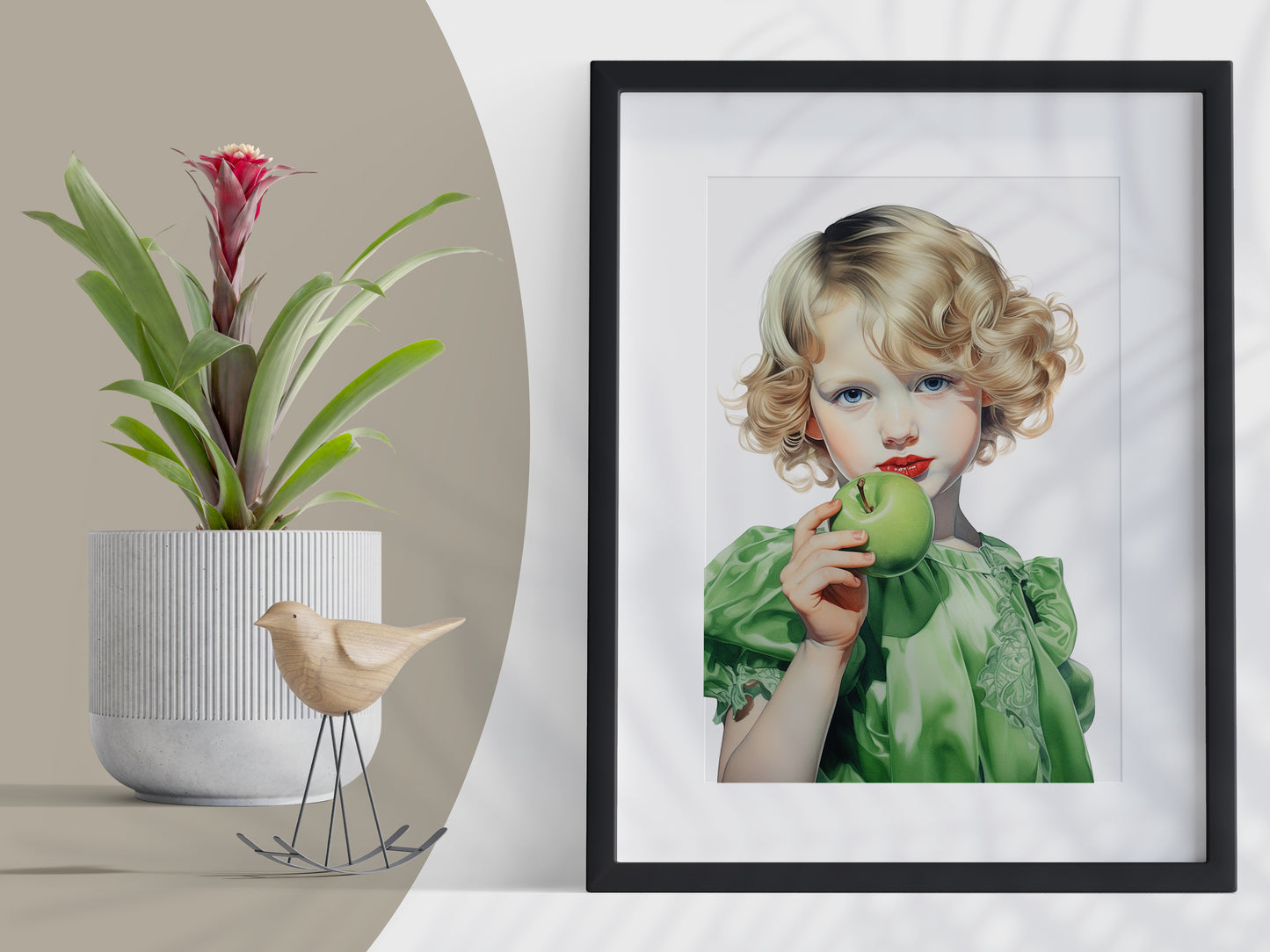 D#478 Wall art print, Poster, Retro, Vintage, Nostalgia, Kids, Innocence, Green Hues, Cute Blondie Girl with Green Apple