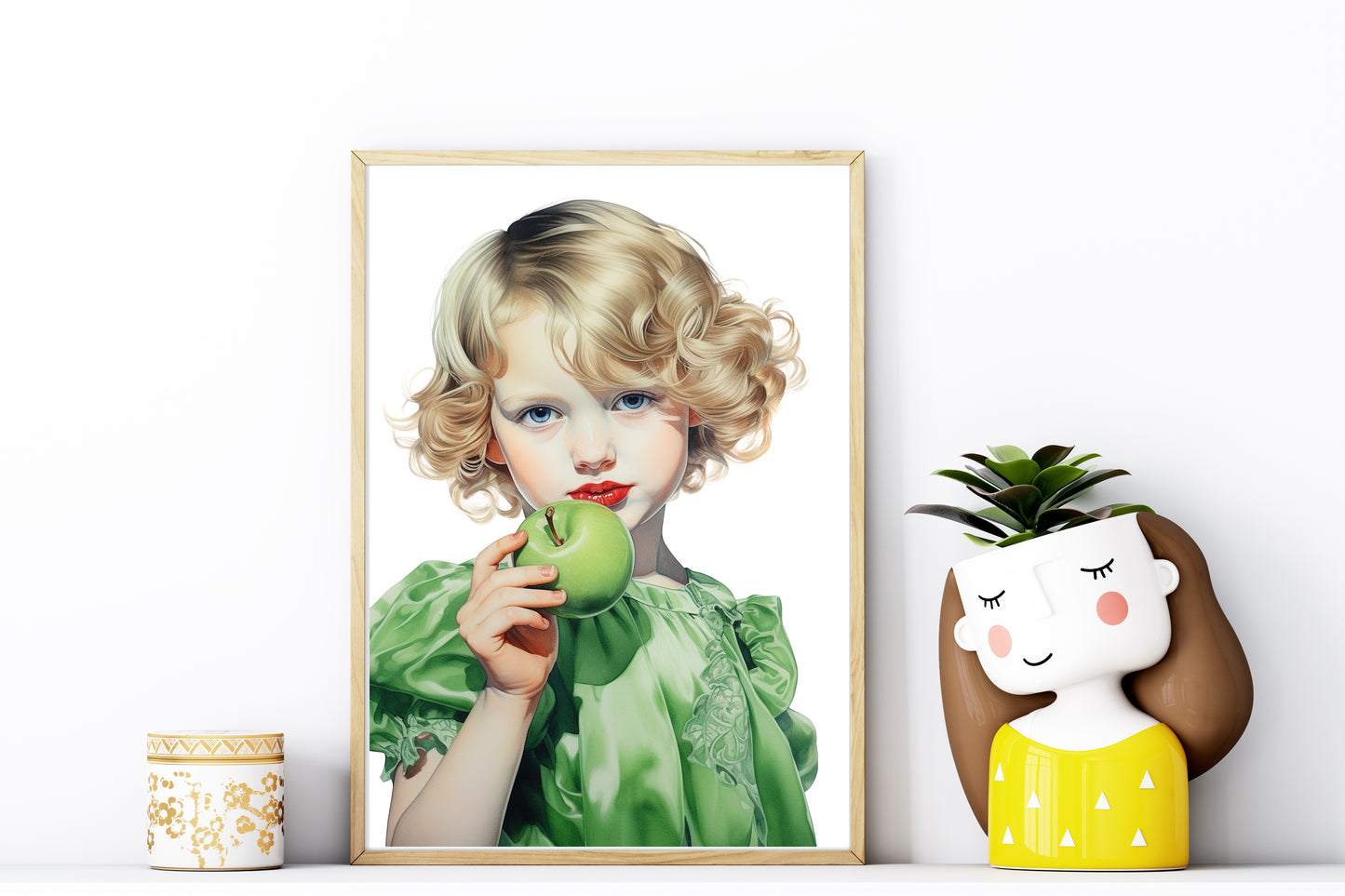 D#478 Wall art print, Poster, Retro, Vintage, Nostalgia, Kids, Innocence, Green Hues, Cute Blondie Girl with Green Apple