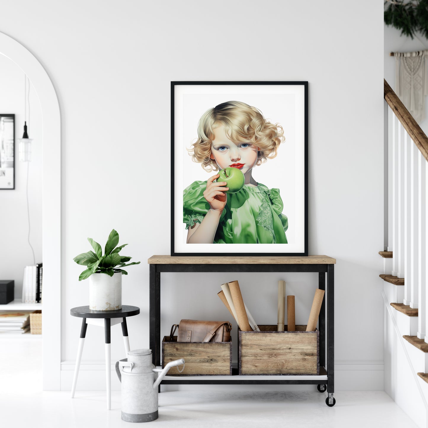 D#478 Wall art print, Poster, Retro, Vintage, Nostalgia, Kids, Innocence, Green Hues, Cute Blondie Girl with Green Apple