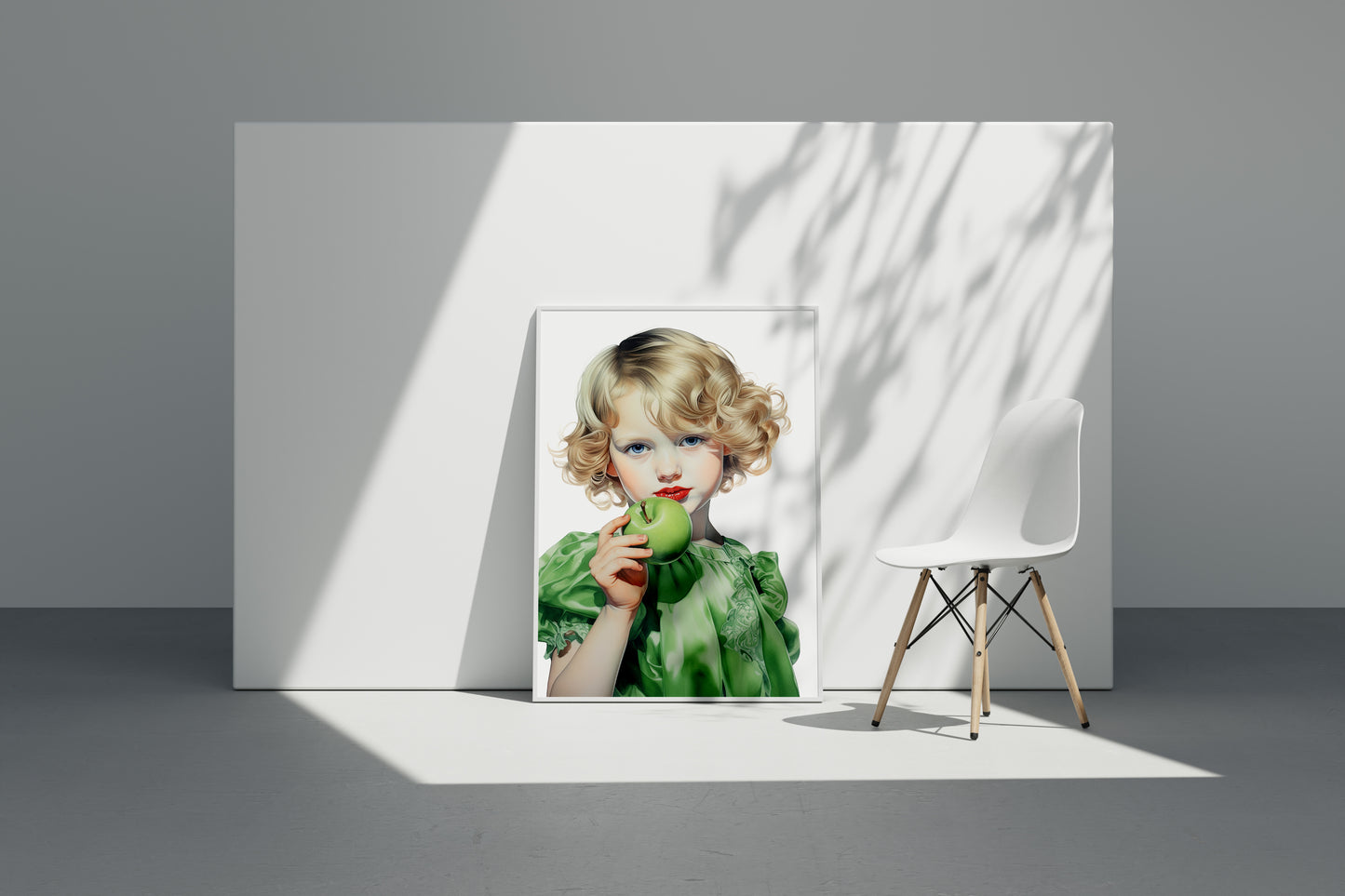 D#478 Wall art print, Poster, Retro, Vintage, Nostalgia, Kids, Innocence, Green Hues, Cute Blondie Girl with Green Apple