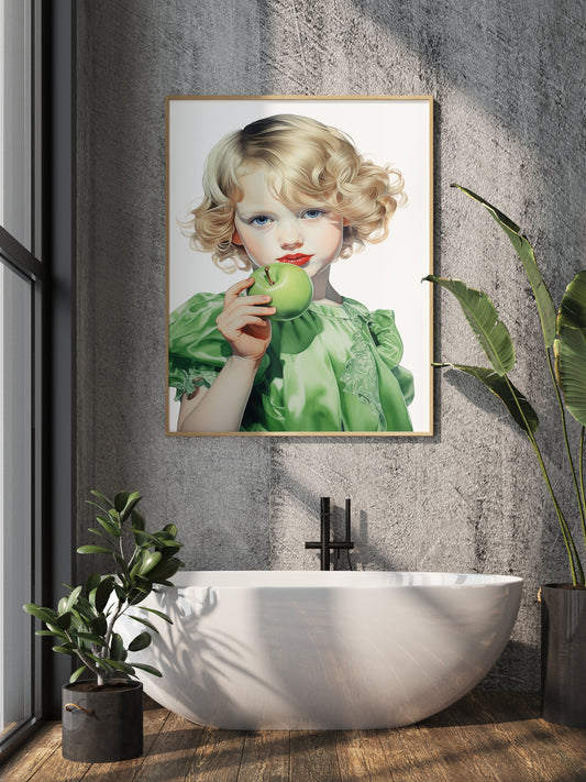 D#478 Wall art print, Poster, Retro, Vintage, Nostalgia, Kids, Innocence, Green Hues, Cute Blondie Girl with Green Apple