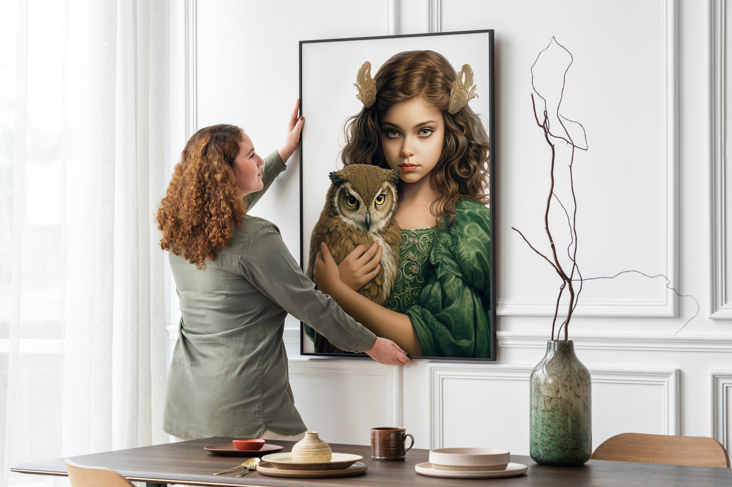 D#480 Wall art print, Poster, Birds, Fauna, Nature, Wisdom, Planet of Birds, Baroque, Mystics, Lady with Owl