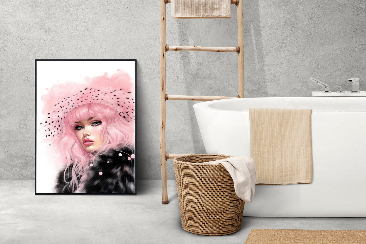 D#484 Wall art print, Poster, Fashion, Pink&Black, Fashionista, Luxury, Glamour, Hollywood, Elegance, Celebrity, Veil Lady in Fur coat