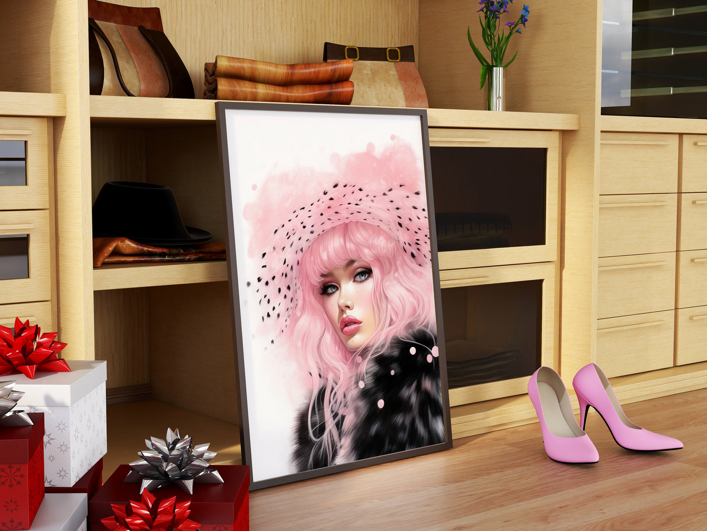 D#484 Wall art print, Poster, Fashion, Pink&Black, Fashionista, Luxury, Glamour, Hollywood, Elegance, Celebrity, Veil Lady in Fur coat