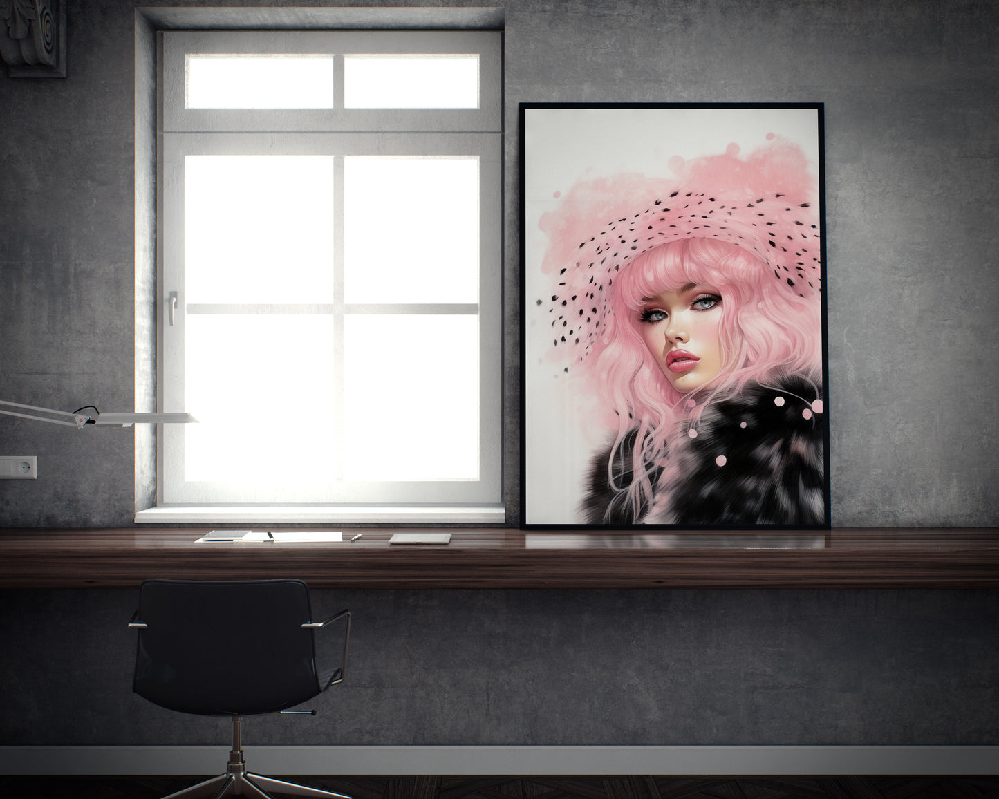 D#484 Wall art print, Poster, Fashion, Pink&Black, Fashionista, Luxury, Glamour, Hollywood, Elegance, Celebrity, Veil Lady in Fur coat