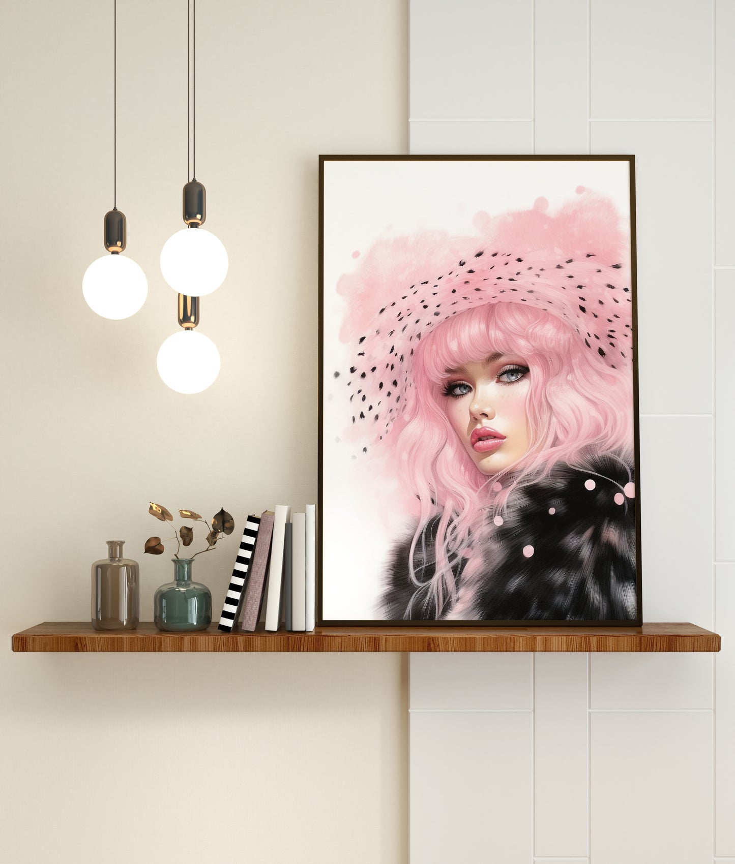 D#484 Wall art print, Poster, Fashion, Pink&Black, Fashionista, Luxury, Glamour, Hollywood, Elegance, Celebrity, Veil Lady in Fur coat