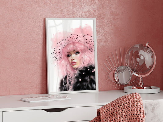 D#484 Wall art print, Poster, Fashion, Pink&Black, Fashionista, Luxury, Glamour, Hollywood, Elegance, Celebrity, Veil Lady in Fur coat