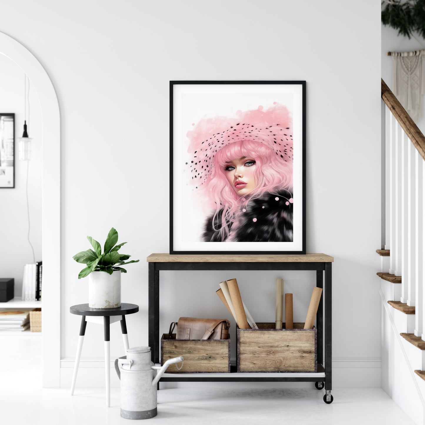 D#484 Wall art print, Poster, Fashion, Pink&Black, Fashionista, Luxury, Glamour, Hollywood, Elegance, Celebrity, Veil Lady in Fur coat