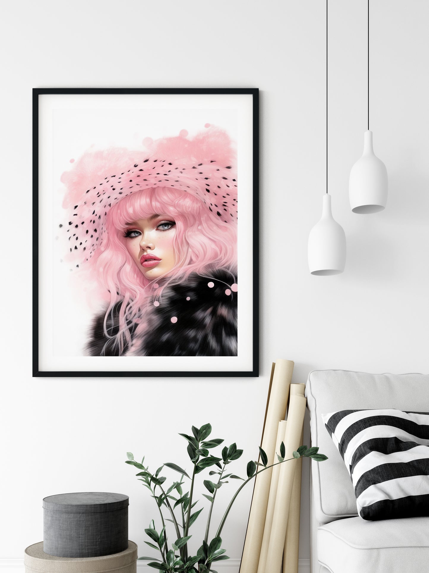 D#484 Wall art print, Poster, Fashion, Pink&Black, Fashionista, Luxury, Glamour, Hollywood, Elegance, Celebrity, Veil Lady in Fur coat