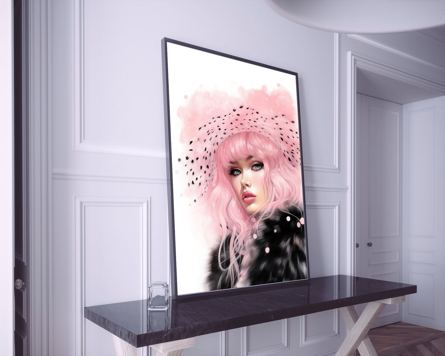 D#484 Wall art print, Poster, Fashion, Pink&Black, Fashionista, Luxury, Glamour, Hollywood, Elegance, Celebrity, Veil Lady in Fur coat