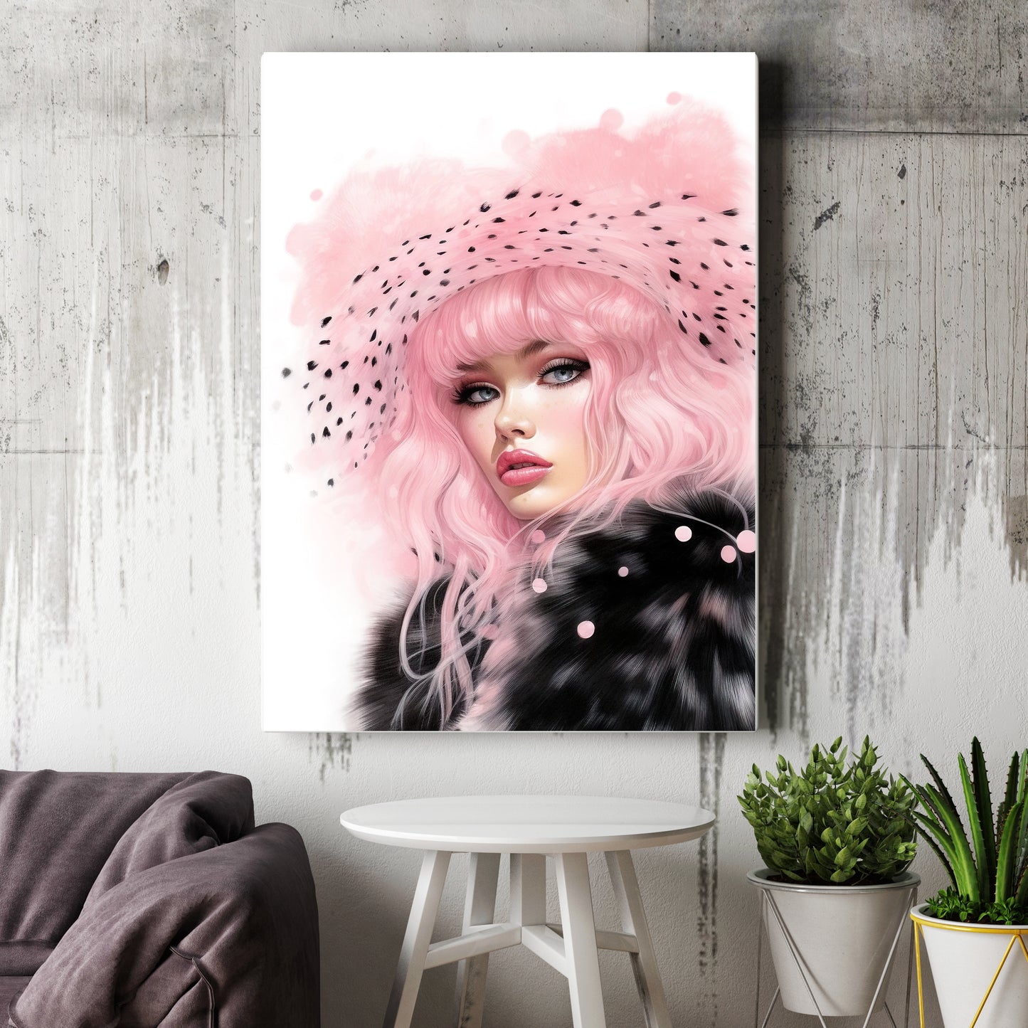 D#484 Wall art print, Poster, Fashion, Pink&Black, Fashionista, Luxury, Glamour, Hollywood, Elegance, Celebrity, Veil Lady in Fur coat