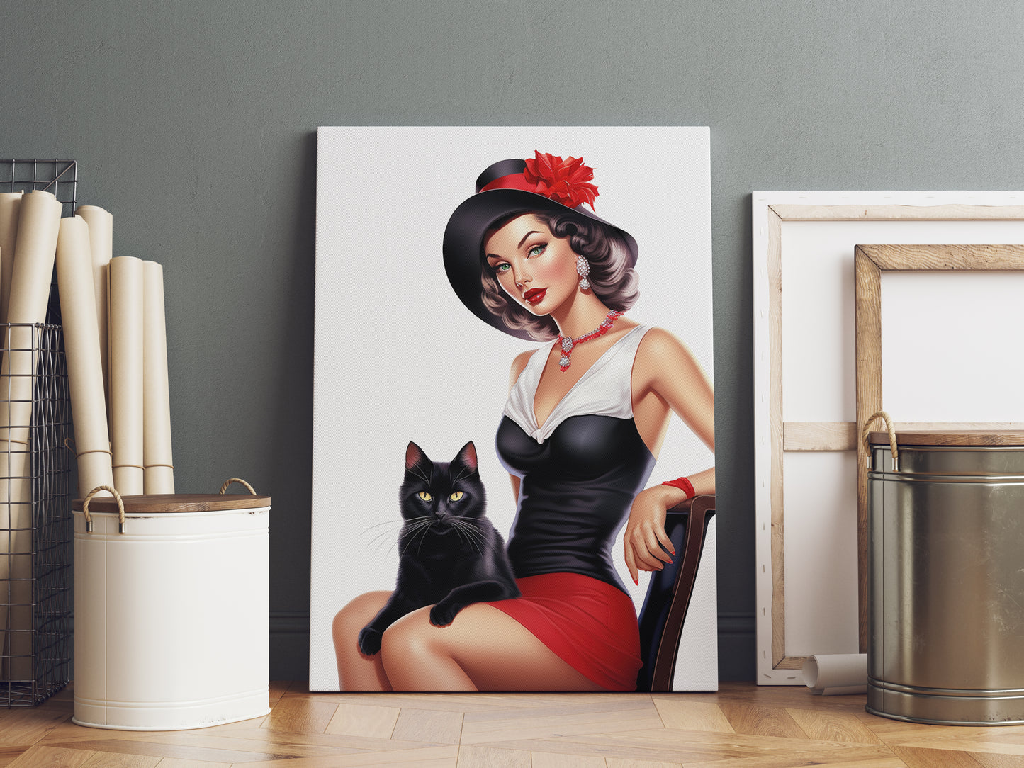 D#494 Wall art print, Poster, Fashion, Intrique, Fashionista, Pinup, Glamour, Retro, Celebrity, Lady with Black Cat