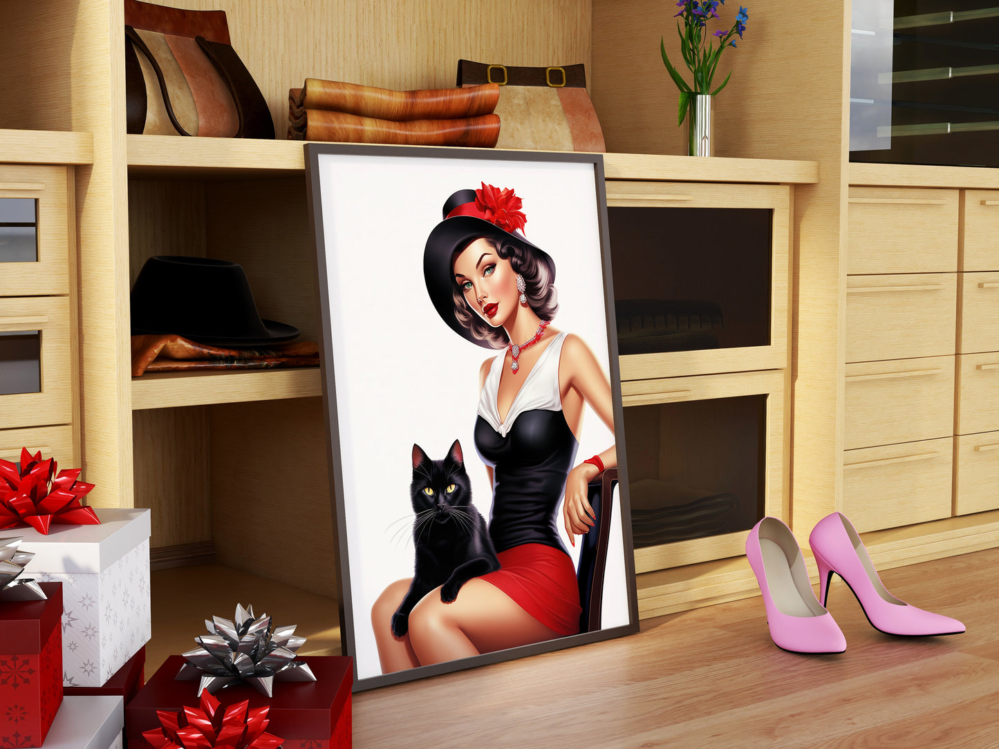 D#494 Wall art print, Poster, Fashion, Intrique, Fashionista, Pinup, Glamour, Retro, Celebrity, Lady with Black Cat