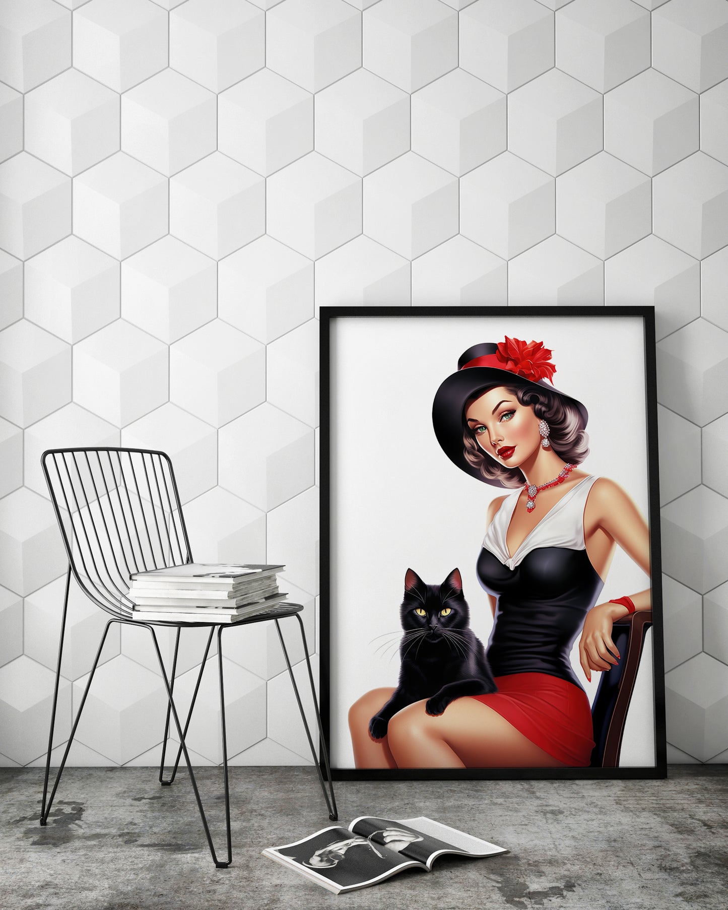 D#494 Wall art print, Poster, Fashion, Intrique, Fashionista, Pinup, Glamour, Retro, Celebrity, Lady with Black Cat