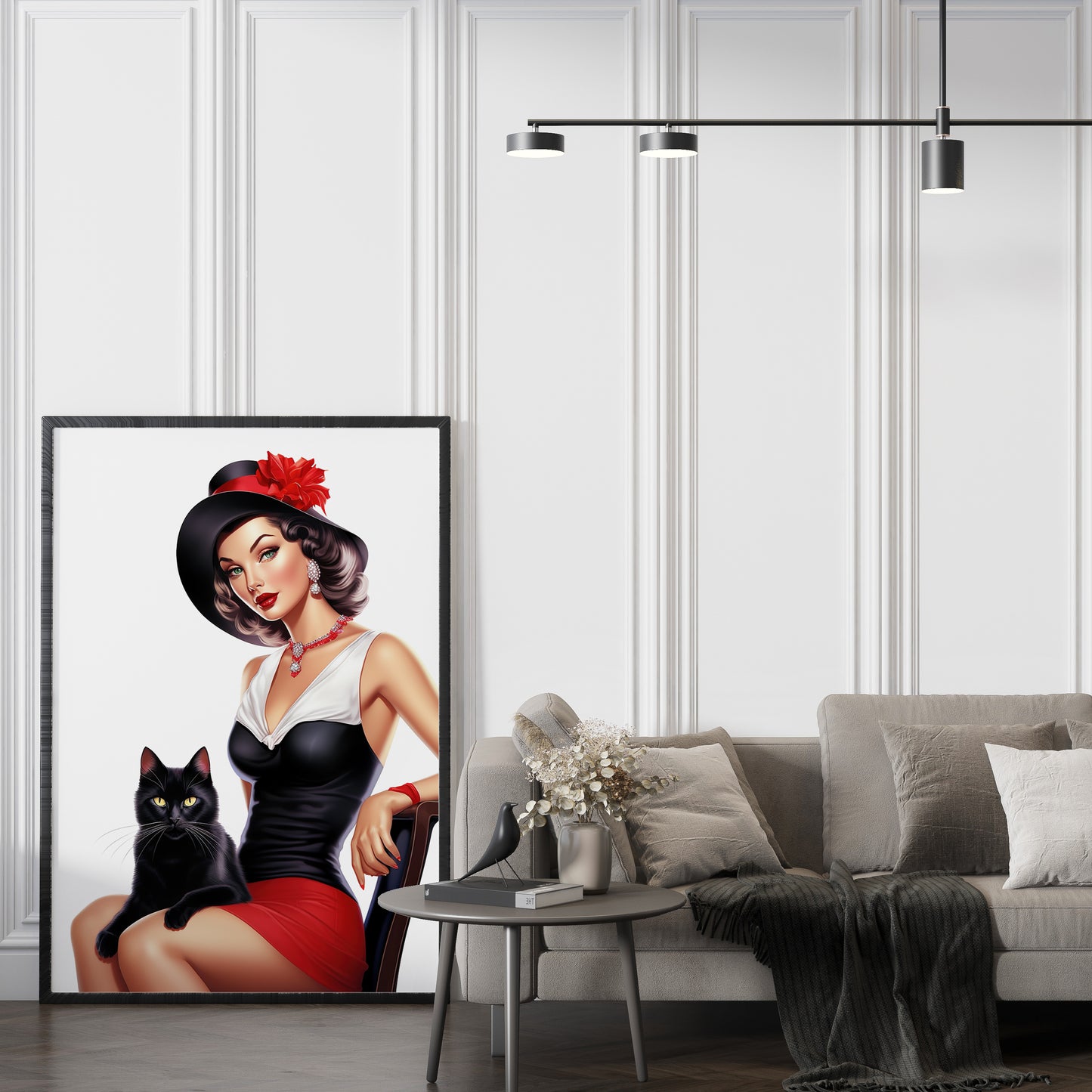 D#494 Wall art print, Poster, Fashion, Intrique, Fashionista, Pinup, Glamour, Retro, Celebrity, Lady with Black Cat